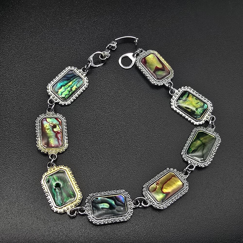 Colorful Abalone Paua Shell Bracelet Silver Tone Vintage 1990s Jewelry